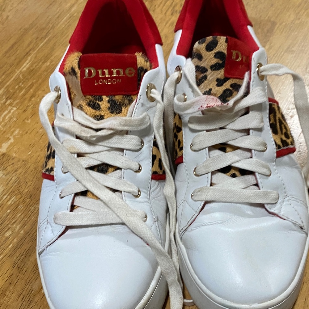 Dune London White and Red Sneakers with Leopard Print